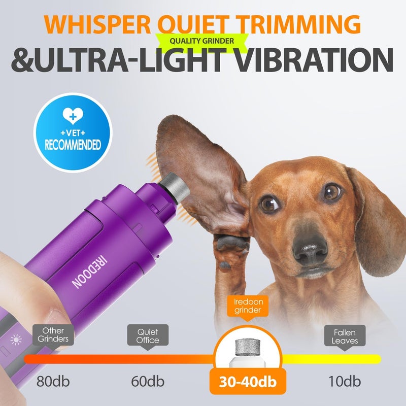 IREDOON Dog Nail Grinder Upgraded - Professional 3-Speed Super Quiet and Low Vibration Electric Pet Nail Grinder with 4 LED Lights - Painless Paws Grooming & Smoothing for Small to Large Dogs (Purple) - Image 2